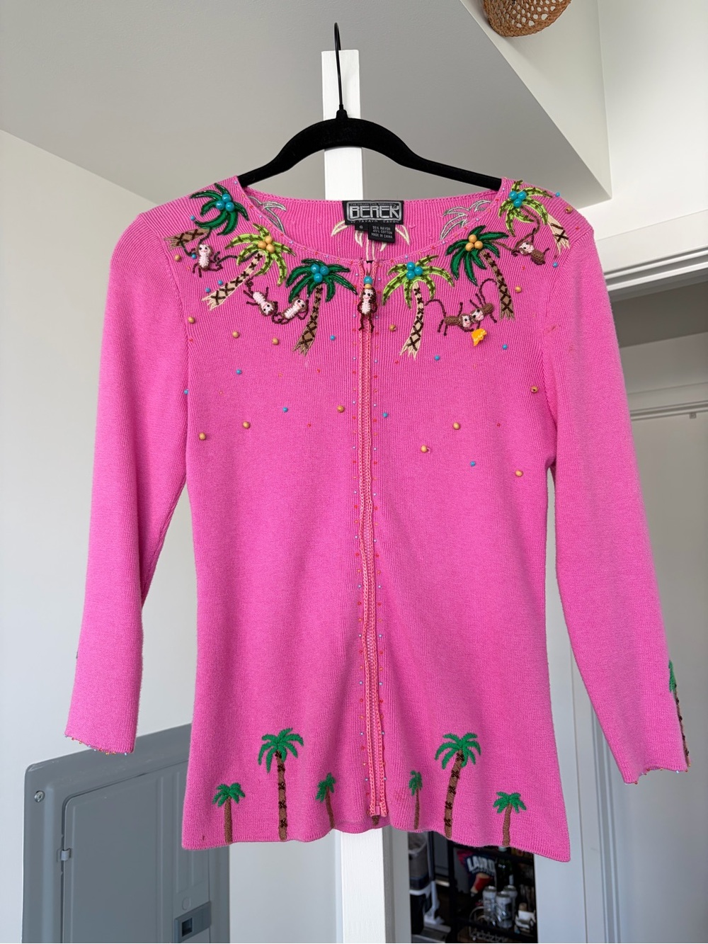Vintage Full Zip Tropical Embroidered Sweater Pink Size Small